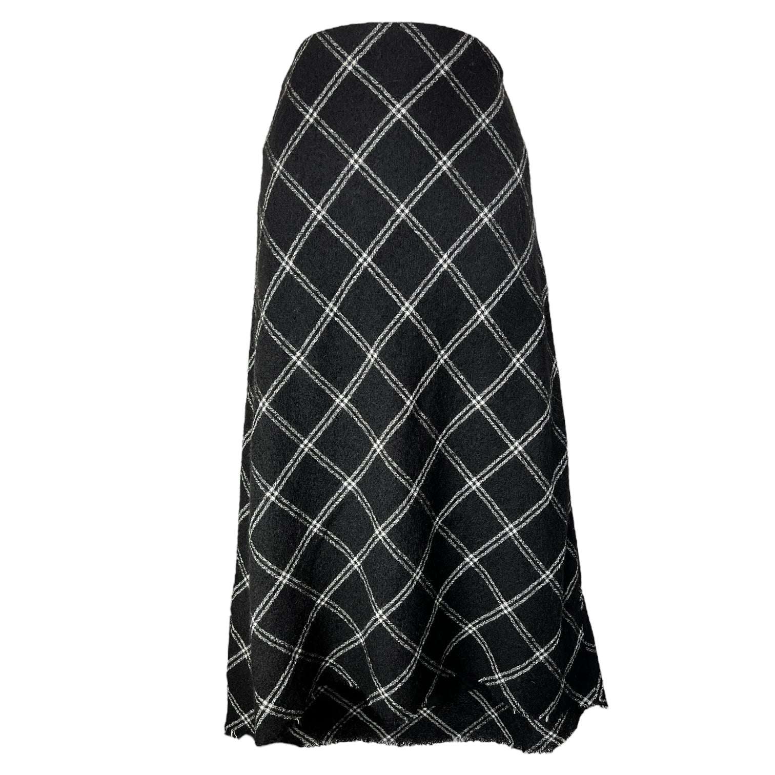 Tibi Salome Plaid Wool Midi Skirt – Raw Hem, Fluted Silhouette, US 0 – pre-loved