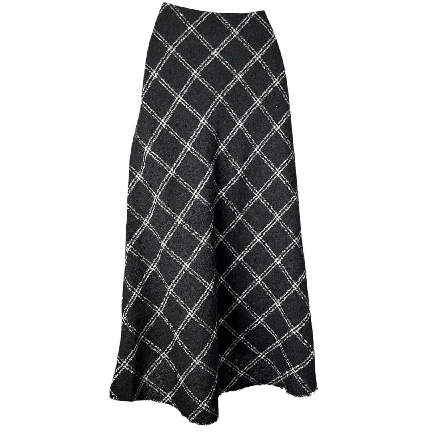 Tibi Salome Plaid Wool Midi Skirt – Raw Hem, Fluted Silhouette, US 0 – pre-loved