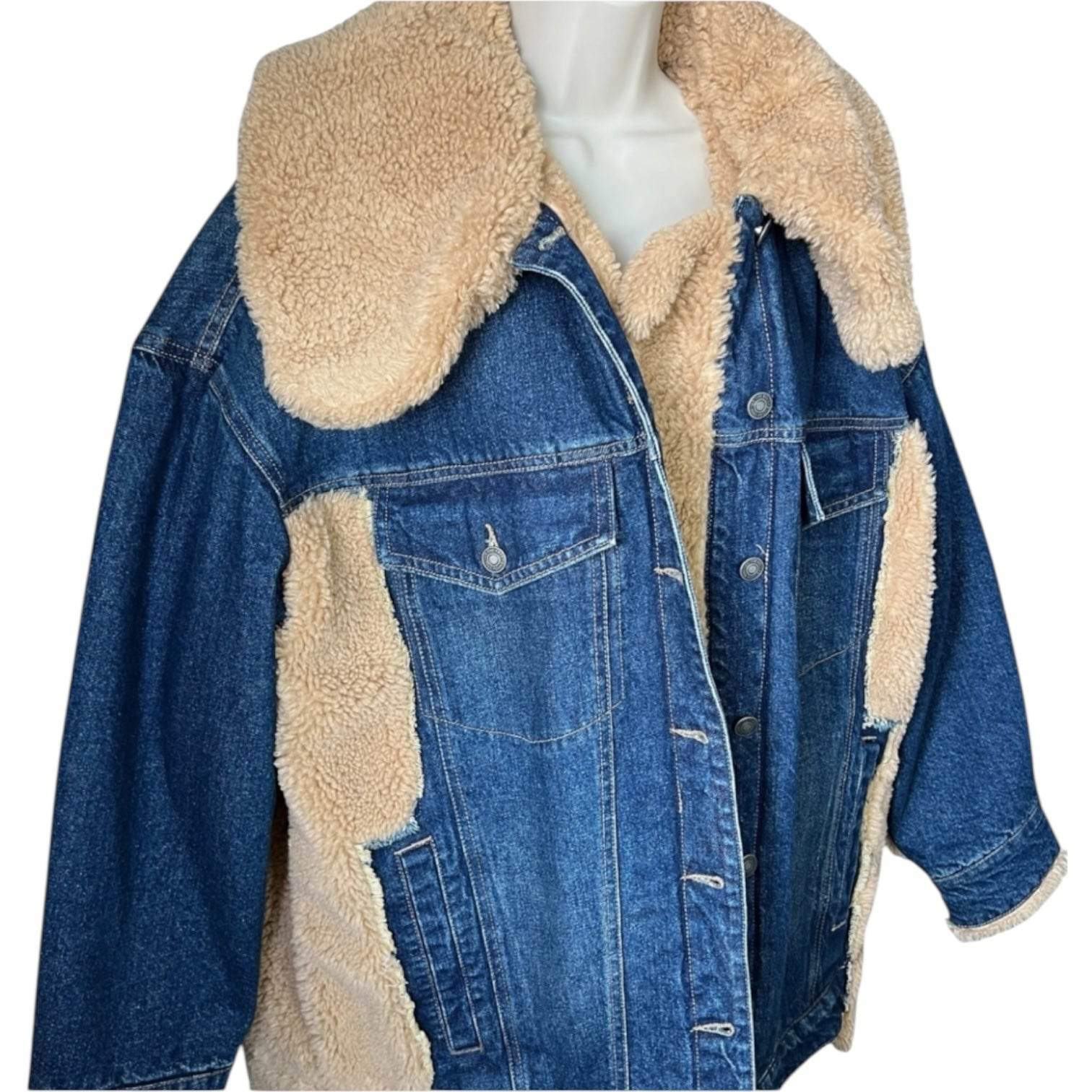 Free People Denim Sherpa Jacket – Oversized, Blue, Size M – pre-loved