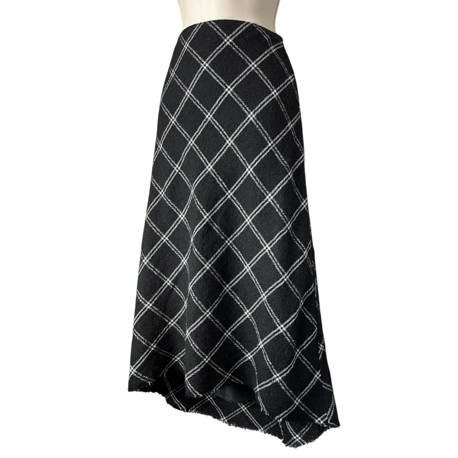 Tibi Salome Plaid Wool Midi Skirt – Raw Hem, Fluted Silhouette, US 0 – pre-loved