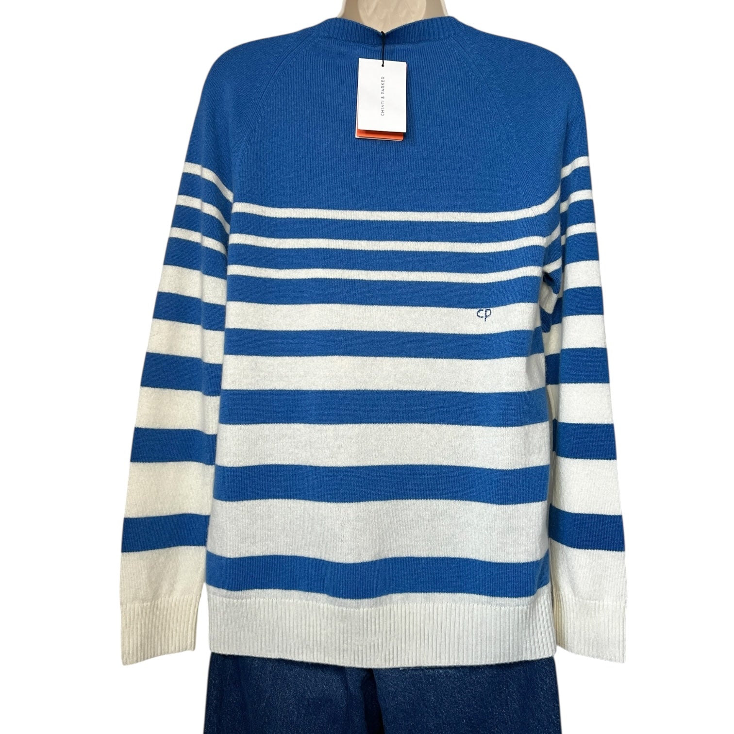 Chinti & Parker Increasing Stripe Wool-Cashmere Sweater – Royal Blue/Cream, M