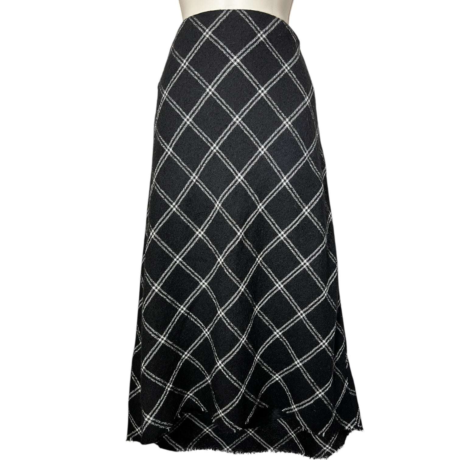 Tibi Salome Plaid Wool Midi Skirt – Raw Hem, Fluted Silhouette, US 0 – pre-loved