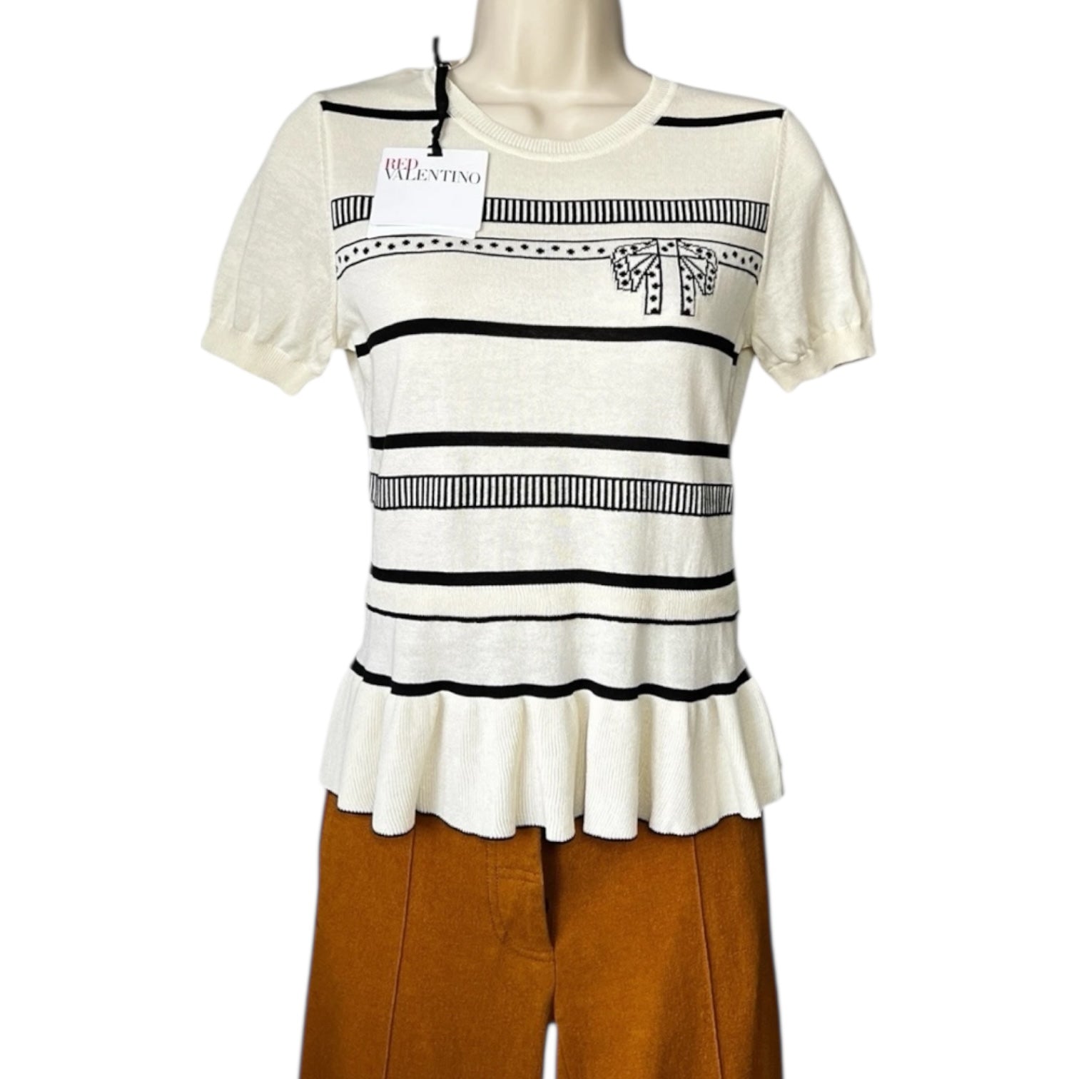 Red Valentino Intarsia Knit Peplum Short Sleeve Top –  S