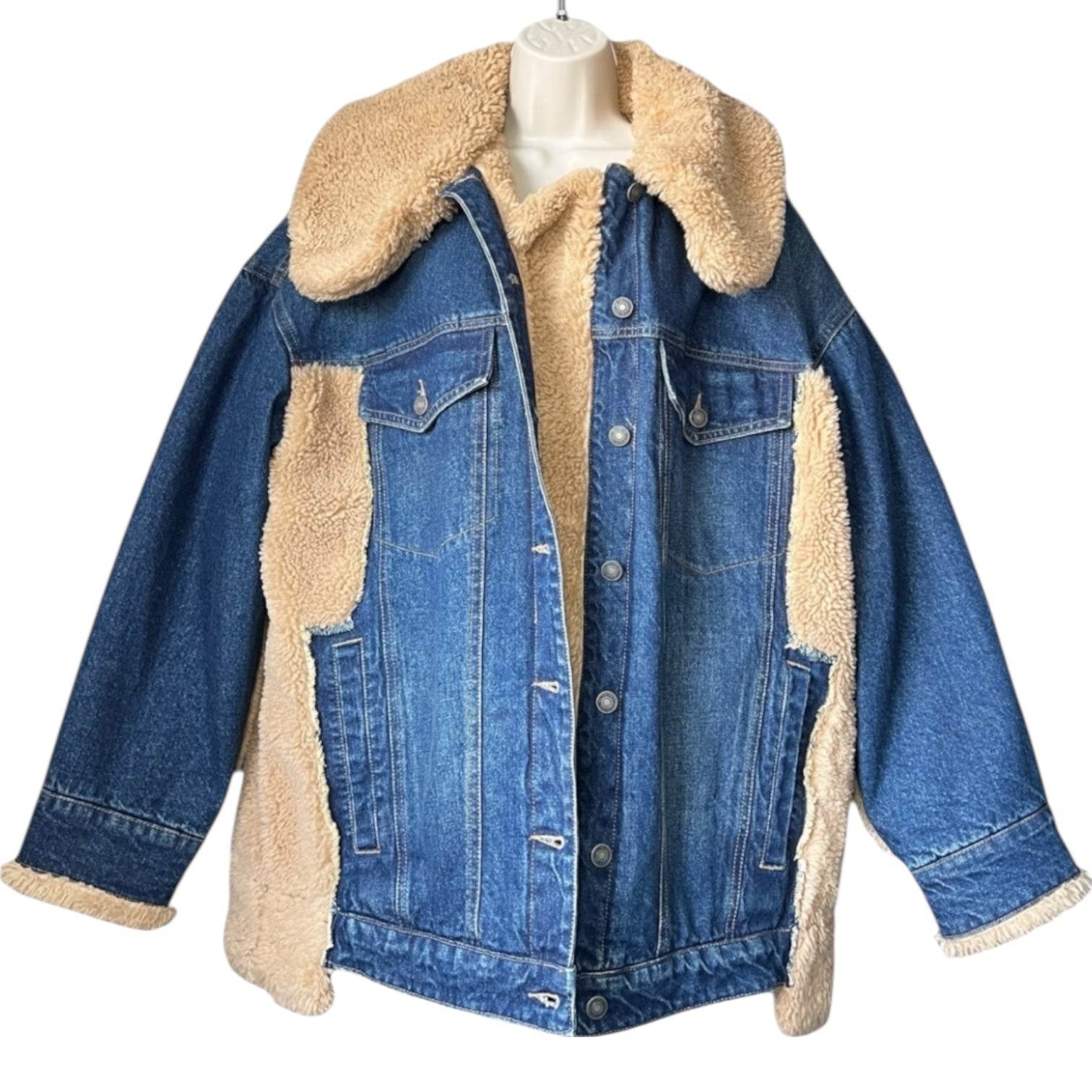 Free People Denim Sherpa Jacket – Oversized, Blue, Size M – pre-loved