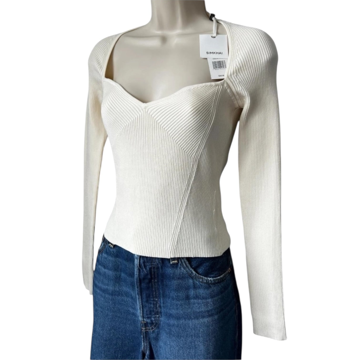 Simkhai Giuliana Sweetheart Neck Ribbed Long Sleeve Jumper – Ivory, S – pre-loved