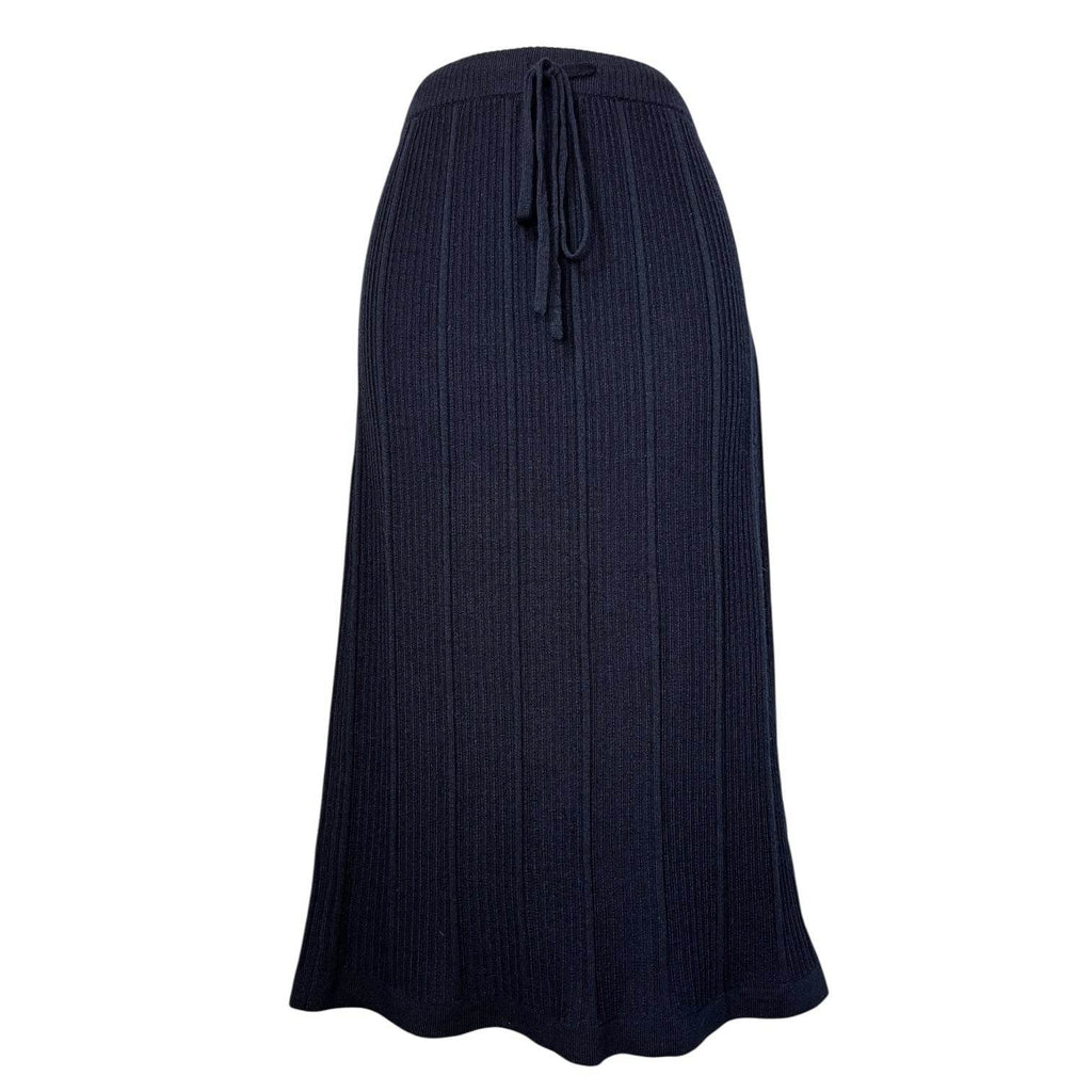 A.P.C. Linda Ribbed Wool Midi Skirt – Drawstring Waist, Navy, XS – pre-loved