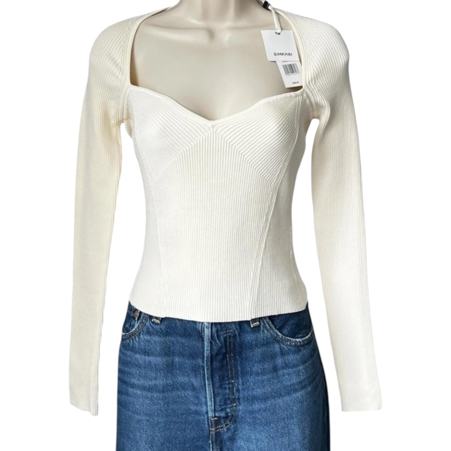 Simkhai Giuliana Sweetheart Neck Ribbed Long Sleeve Jumper – Ivory, S – pre-loved