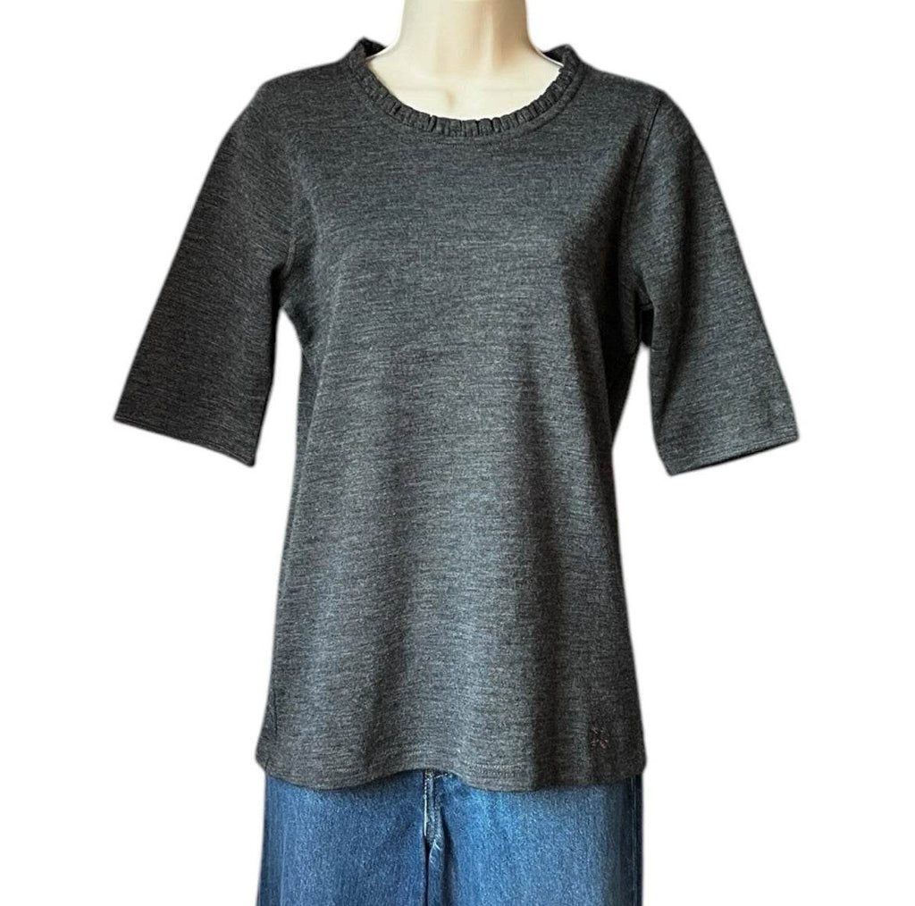Burberry Wool Ruffle Short Sleeve Jumper – Melange Grey, Size L – pre-loved