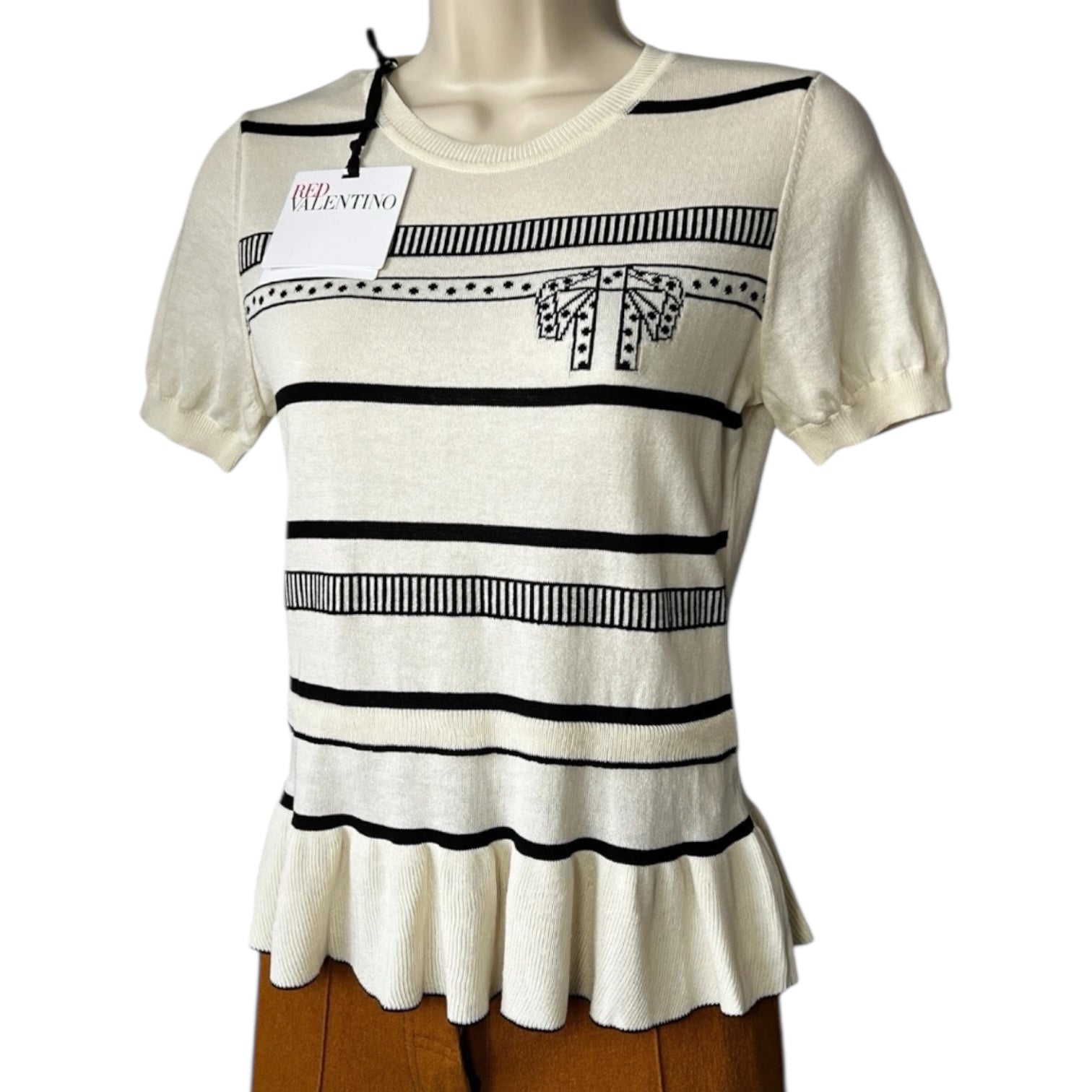 Red Valentino Intarsia Knit Peplum Short Sleeve Top –  S